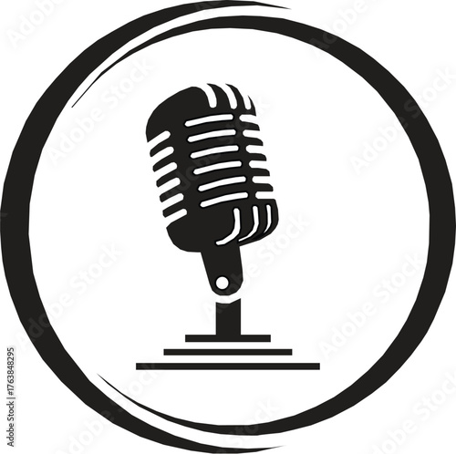 Microphone icon in a circle silhouette vector.