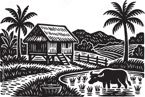 Traditional stilt house surrounded by rice terraces and palm trees in black and white linocut etching style Southeast Asian rural landscape ideal for organic product label or packaging design