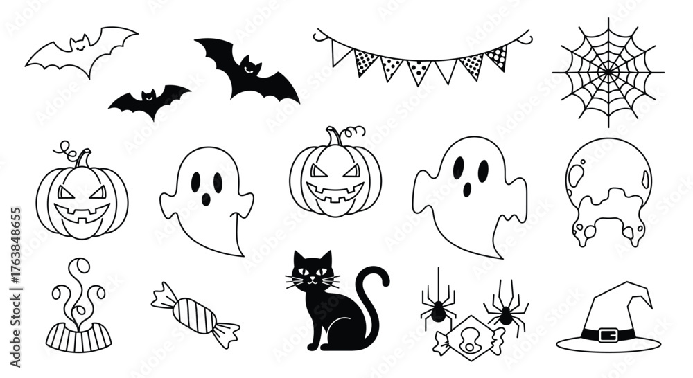 Fototapeta premium Halloween themed illustrations of various spooky objects and creatures.