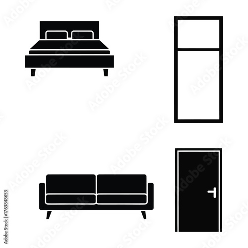 Monochrome Bedroom Elements: A minimalist collection showcases the essential components of a bedroom's interior design, represented in stark black and white.