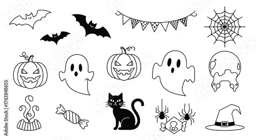 Halloween themed illustrations of various spooky objects and creatures.