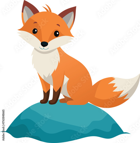 Adorable cartoon fox sitting on a blue rock with a friendly expression