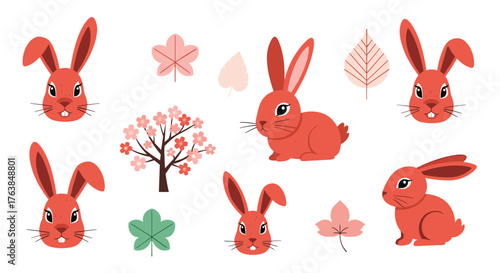 Adorable red rabbits and autumn leaves illustration on white background.