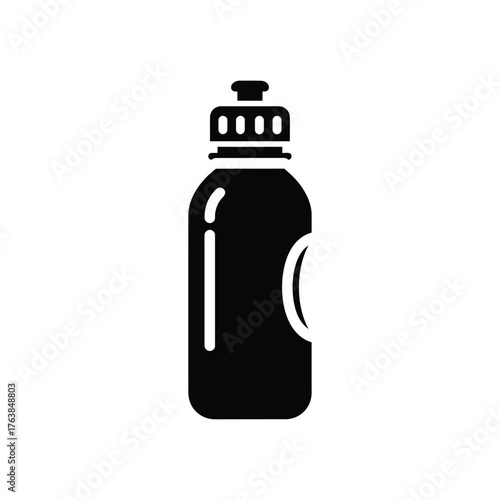 Simple black silhouette of a sports water bottle with cap and label detail silhouette