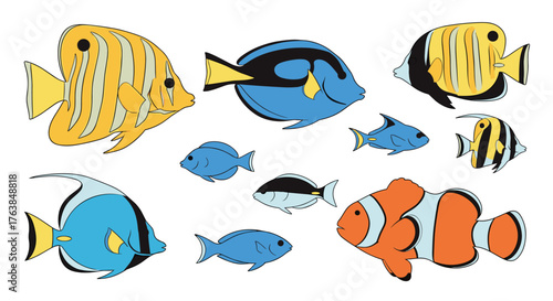 Colorful fish collection illustration on white background.