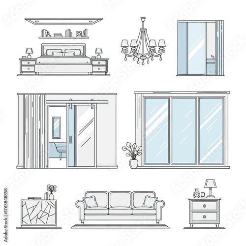 Interior Design Elements: A stylized illustration of various interior design elements, including a bed, chandelier, wardrobe, door, window, sofa, and nightstand.