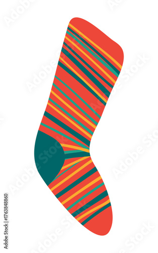 Christmas stocking, knitted sock isolated on transparent. Hand drawn flat vector illustration. Traditional holiday, Xmas, New Year, seasonal design element, winter clothes clip art