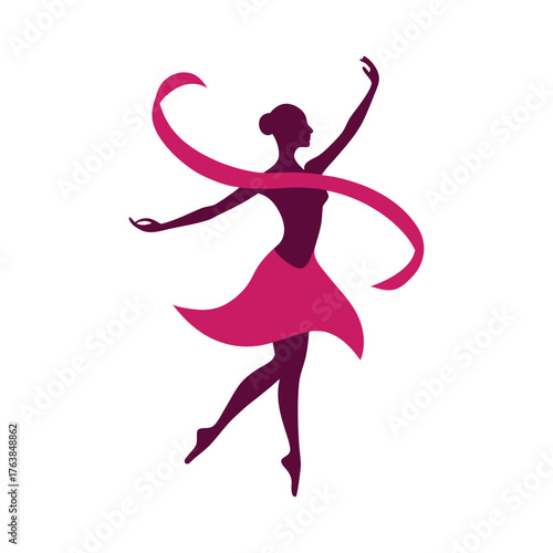Graceful silhouette woman dancing with flowing pink ribbon ballet pose artistic representation