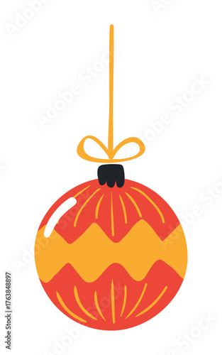 Christmas ornament, tree decoration, bauble, ball isolated on transparent. Hand drawn flat vector illustration. Traditional holiday, Xmas, New Year, seasonal design element, clip art