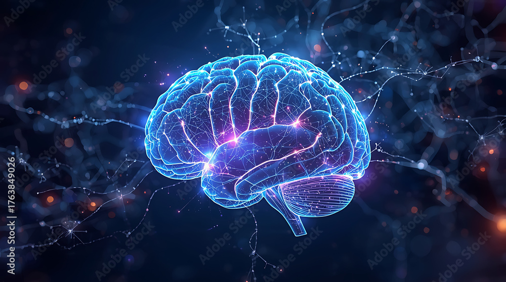 Obraz premium Abstract digital brain with glowing neural network connections.