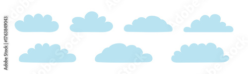 Cute little fluffy, cumulus clouds collection, isolated on transparent background. Hand drawn flat vector illustration. Celestial design element, clip art. Rain cloud, cloudy weather, overcast sky