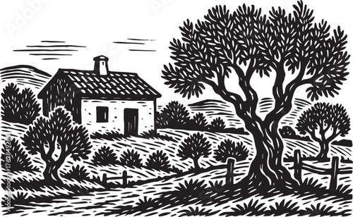 Olive grove with farmhouse in Mediterranean countryside landscape drawn in traditional black and white linocut etching style ideal for organic olive oil packaging or rural branding design