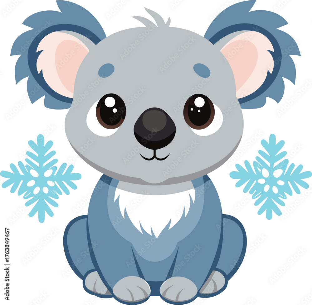Fototapeta premium Adorable cartoon koala with big eyes surrounded by delicate blue snowflakes