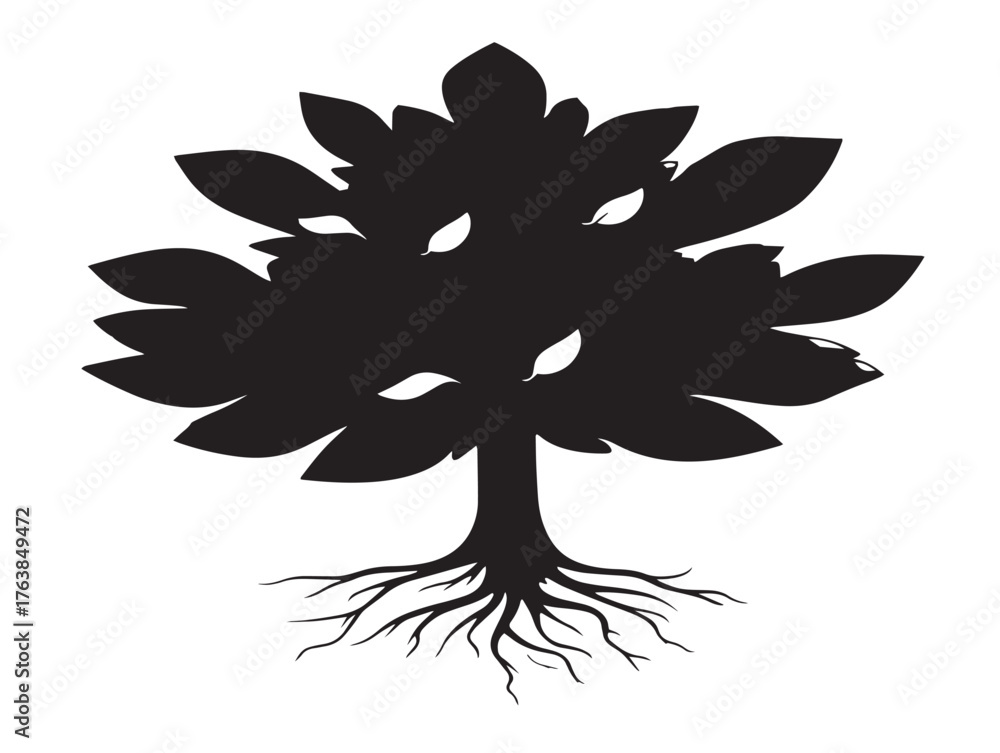 Fototapeta premium Balanced growth tree with light and roots silhouette vector art