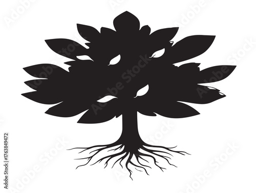 Balanced growth tree with light and roots silhouette vector art