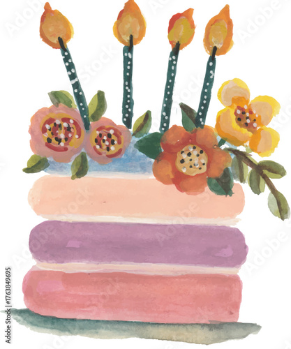 Watercolor Birthday Cake with Lit Candles and Floral Decor
