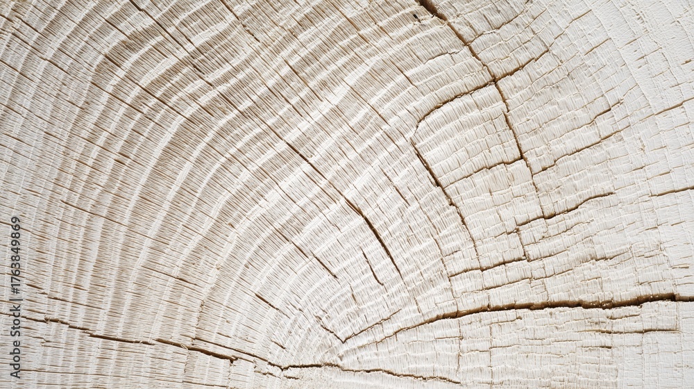 Fototapeta premium Macro photo of a wooden log cross-section showing pale growth rings, detailed wood texture, and organic pattern