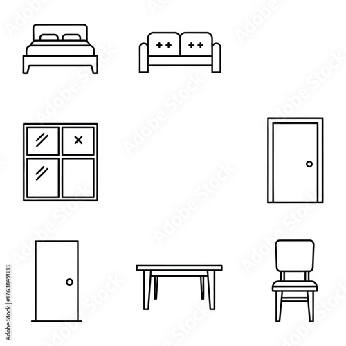 Essential Interior Elements: A collection of simple, minimalistic line-art icons representing essential furniture and architectural elements, perfect for illustrating interior design concepts.