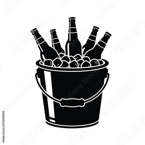 Five bottles of beer chilled in ice bucket ready for refreshment silhouette