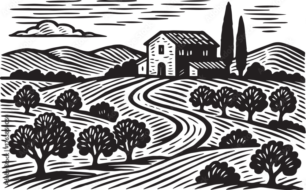 Obraz premium Tuscan countryside with villa and cypress trees depicted in bold black and white linocut etching style classic Italian rural landscape perfect for olive oil or wine label packaging design