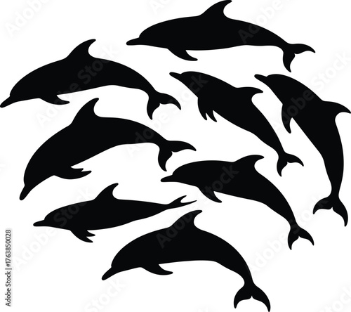 Dolphin Silhouette Group Swimming Together Ocean Wildlife Marine Animals Vector
