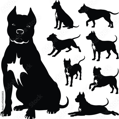 Pitbull Silhouettes Collection Black and White Vector Illustration Dogs Design