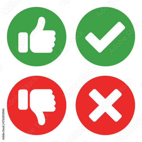 Thumbs Up, Thumbs Down, Check Mark, and X Mark Icons on White Background
