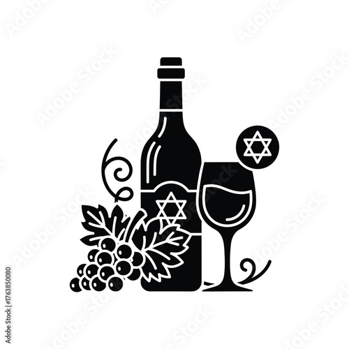 Bottle wine glass grapes and star of david symbol for jewish holiday celebration silhouette