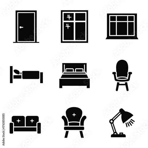 Interior Design Elements in Silhouette: A curated collection of essential furniture pieces and architectural elements rendered in stark black and white, ideal for design visualization.