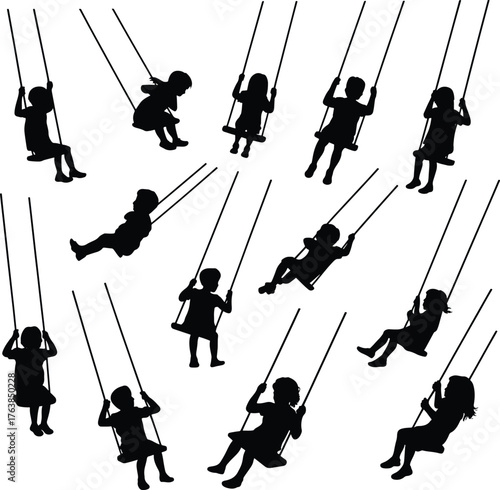 Silhouette of children playing on swings childhood memories fun recreation