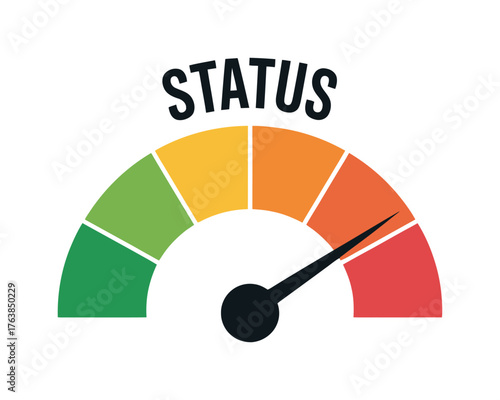 Colorful Status Indicator Icon Illustrating Progress or Performance, Gauge Needle Pointing to Red Zone