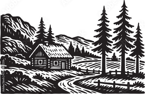 Rustic wooden cabin among pine trees in black and white linocut etching style mountainous forest landscape illustration suitable for outdoor adventure label or natural product packaging