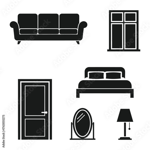 Interior Design Elements: A collection of meticulously crafted silhouette icons showcases the essential elements of interior design, evoking a sense of modern elegance and functional simplicity.