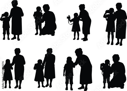 Grandma and Grandchild Taking Photo, Family Moment Vector Illustration, Generational Bond and Happiness Concept