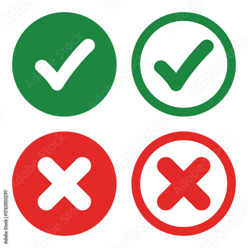 Icons Set Green Check Marks and Red Crosses on White Backgrounds