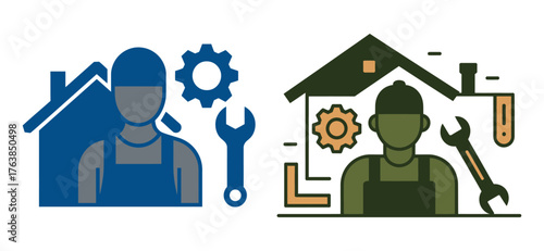 Two stylized icons of repairmen with tools and houses repairman mechanic