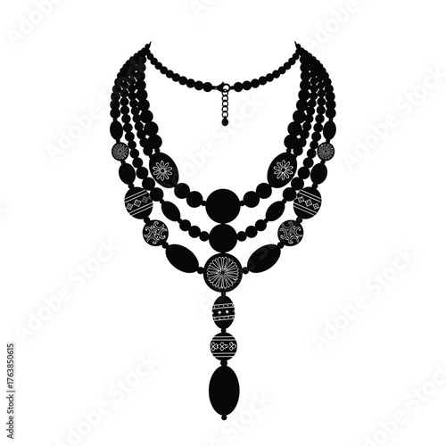 Elegant black silhouette multi-strand beaded necklace with pendant jewelry design silhouette