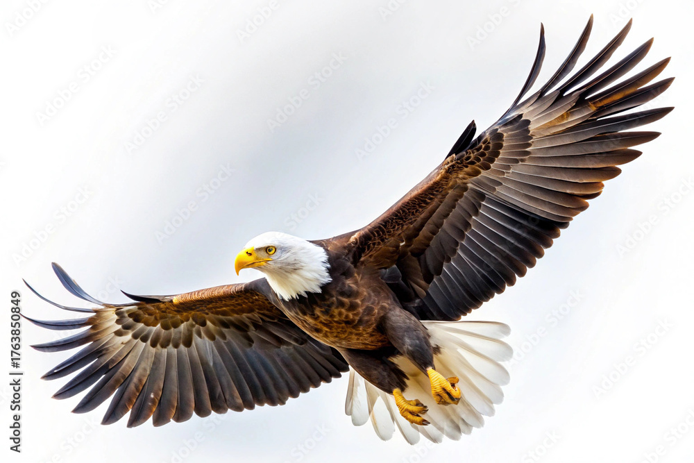 Fototapeta premium An eagle is soaring high with its wings fully extended, showcasing its impressive feathers. The bird exudes power and freedom against a bright, uncluttered backdrop.