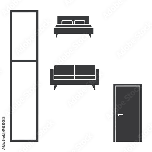 Minimalist Interior Design Elements: Clean silhouette featuring a door, window, bed, and sofa for interior design. Evoking simplicity and modern living.