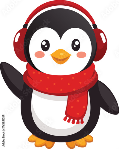 Adorable cartoon penguin wearing a red scarf and earmuffs ready for winter fun