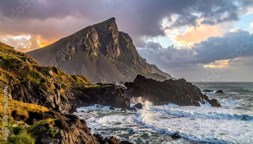 Fototapeta Naklejka Na Ścianę i Meble -  sunset in the mountains by the beach