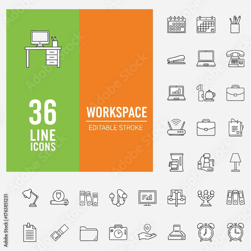 36 Line Icons Representing Essential Office Workspace Equipment and Supplies