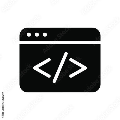 Black Coding Window Icon with HTML Tags on White Background for Developers