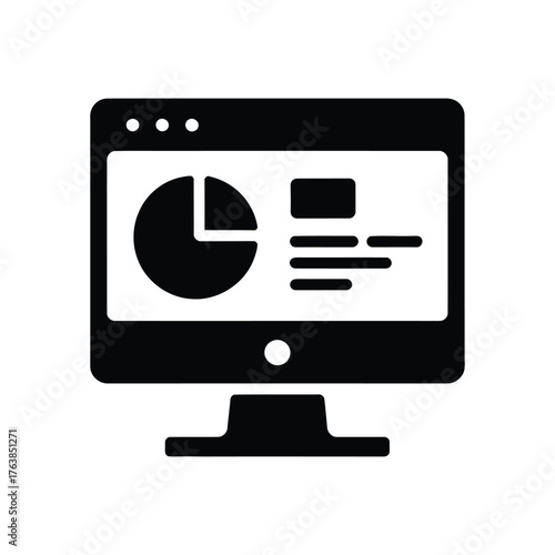 Black Computer Monitor Icon Showing Pie Chart and Website Data on White Background