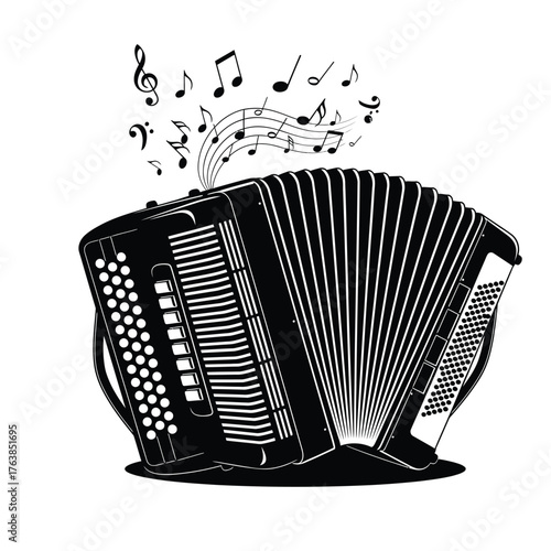 Accordion musical instrument with flowing musical notes and decorative elements silhouette