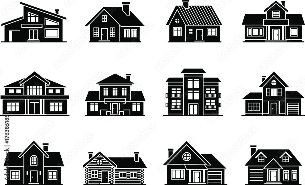 Fototapeta premium House Silhouettes Vector Collection – Minimalist Home and Building Icons for Design