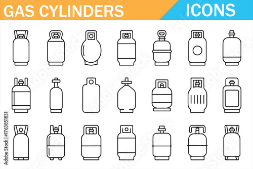 Gas Cylinders Icons Set — outline illustration of LPG, propane, butane and industrial gas tanks with valves and regulators; minimal line icons for safety, welding, camping, fuel storage, pressure cont