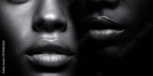 Striking closeup portrait of African American woman in dramatic black and white lighting showcasing skincare and beauty