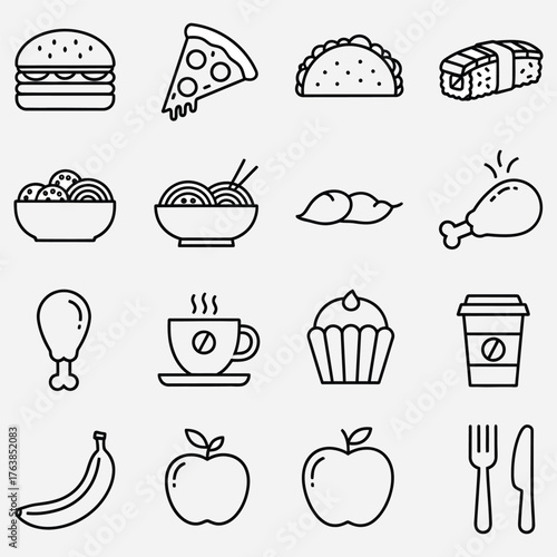 Variety of Food Items and Dishes in Linear Style Graphics