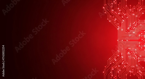 Hi-tech electronic background featuring a vibrant red printed circuit board with luminous nodes and connections